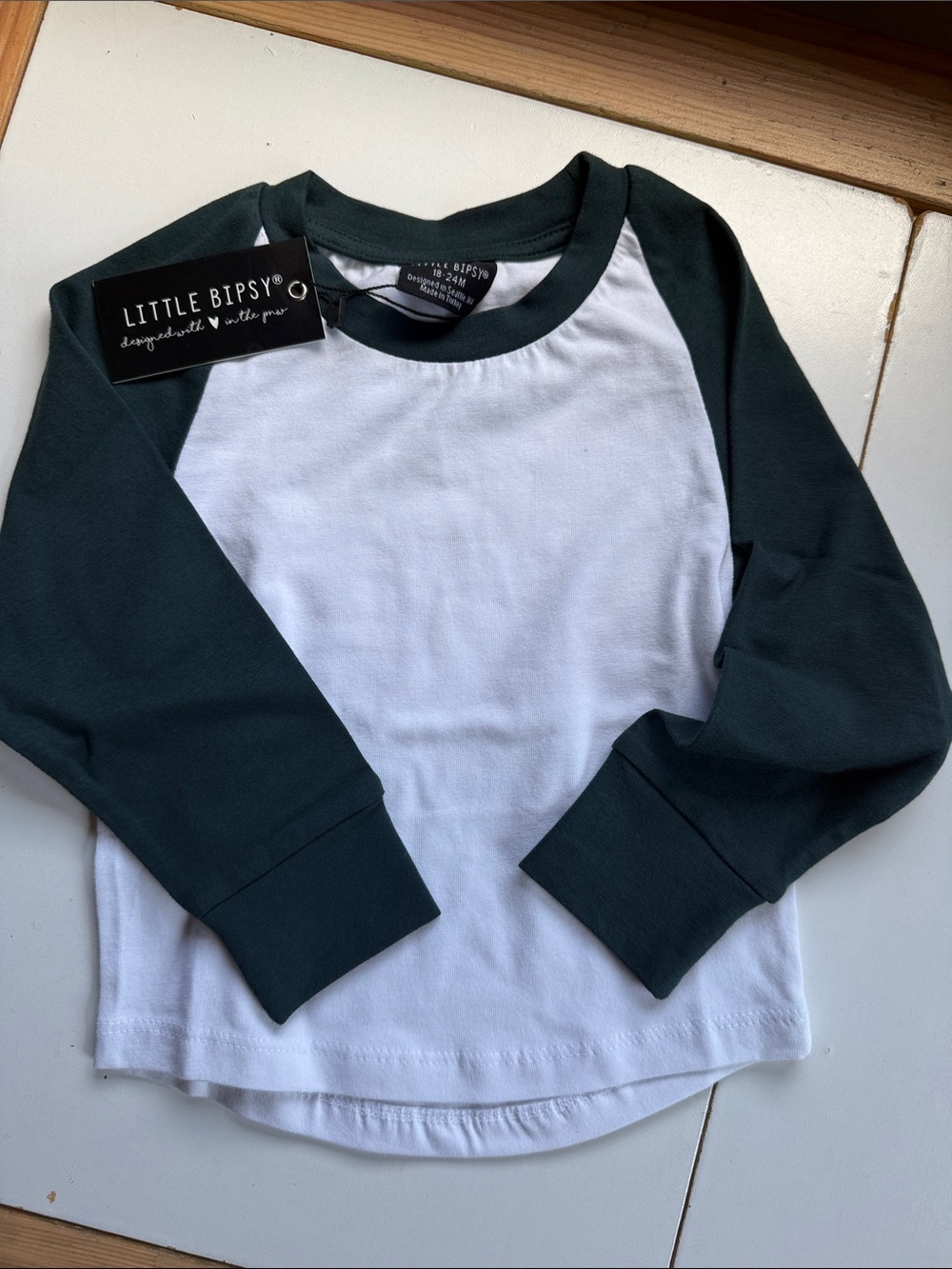 Little Bipsy White & Dark Green Raglan Long Sleeve Tee
